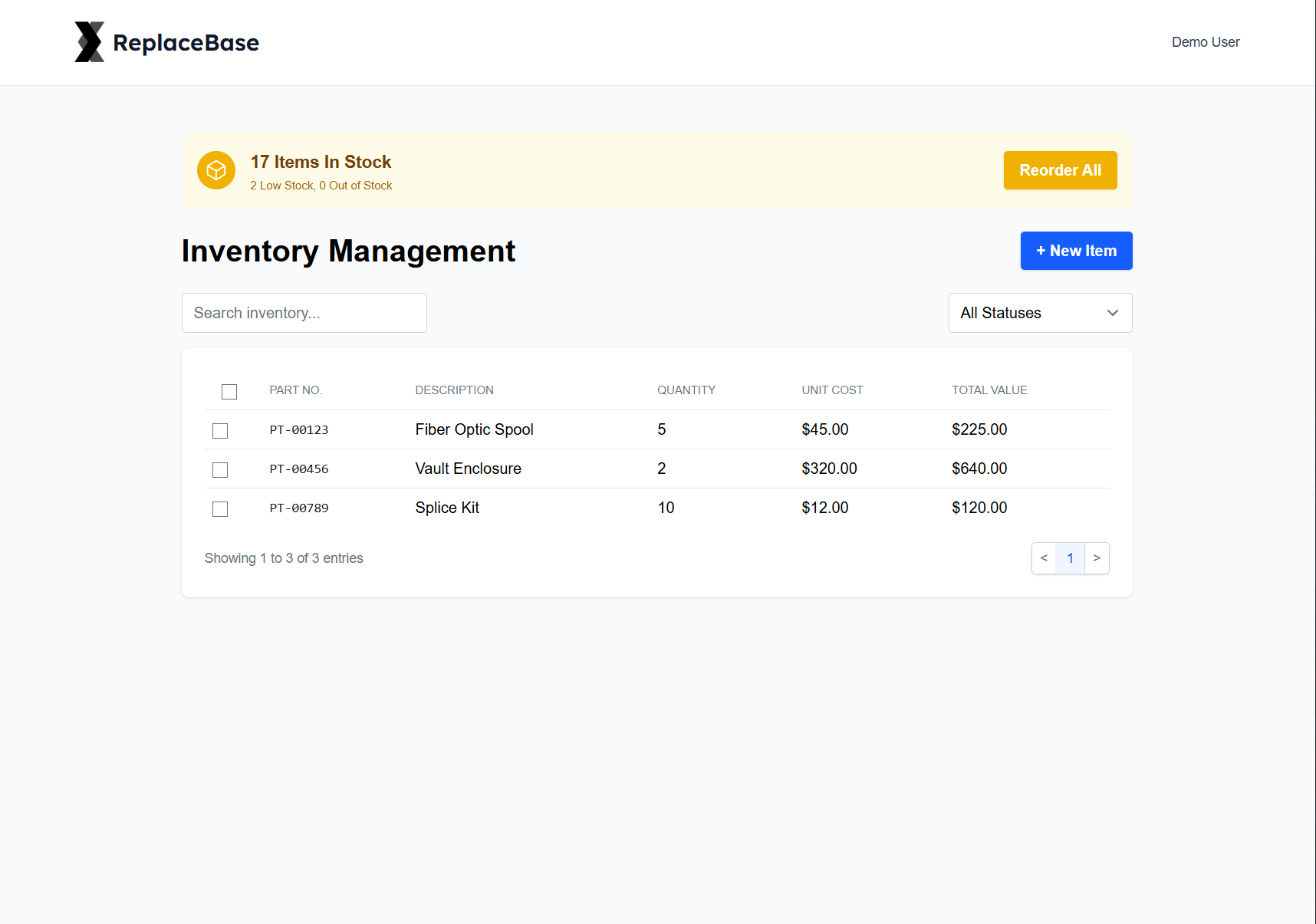 Equipment & Asset Tracking software screenshot in ReplaceBase: Track locate equipment, tools, and materials with detailed inventory management. Monitor asset utilization and maintenance schedules to optimize your operations.
